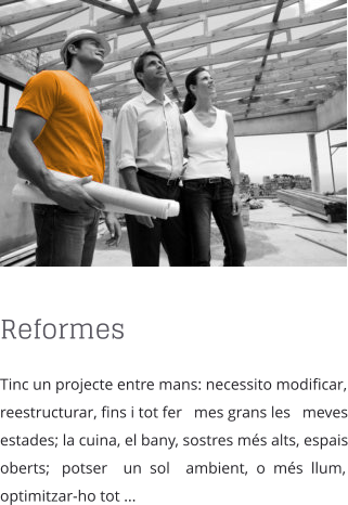 Reformes Tinc un projecte entre mans: necessito modificar, reestructurar, fins i tot fer   mes grans les   meves estades; la cuina, el bany, sostres ms alts, espais oberts;   potser    un  sol    ambient,  o  ms  llum, optimitzar-ho tot ...